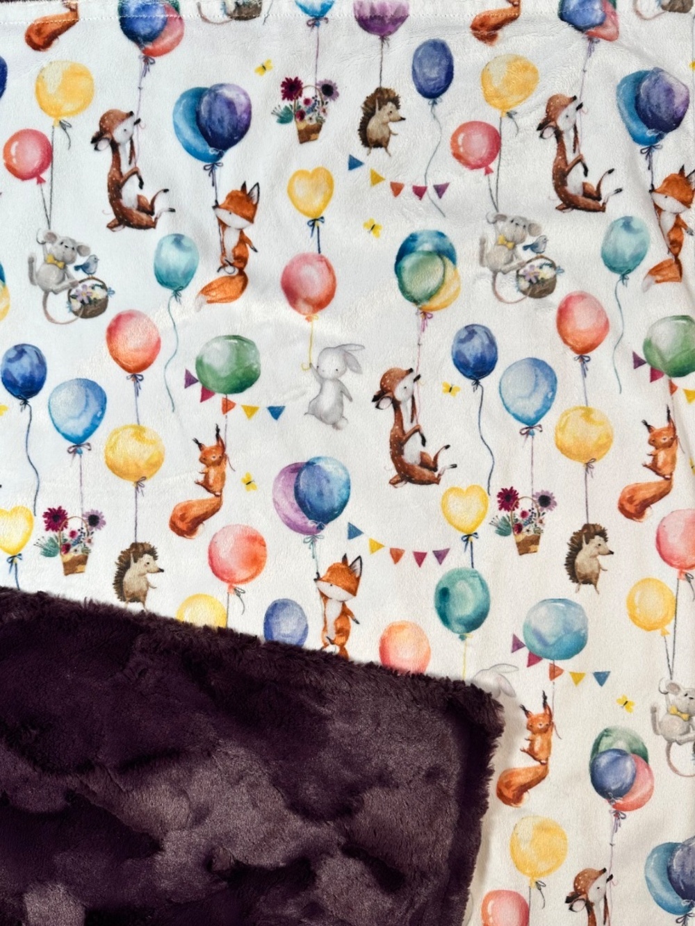 π¦ Woodland Animal Baby Blanket Balloon Print | Soft Plush Minky Purple Back - Picture 8 of 9